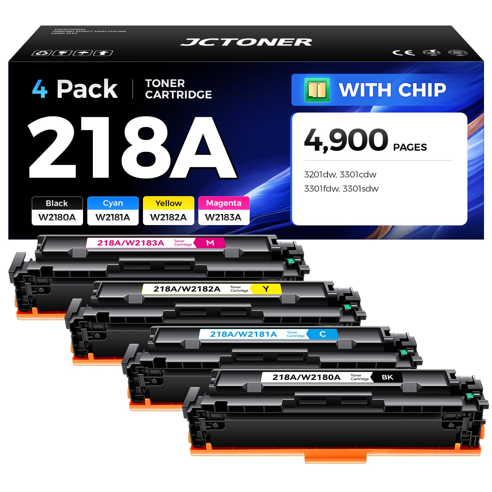 Photo 1 of 218A Toner Cartridge Set (with chip 4-Pack) Replacement for HP 218A W2180A W2181A W2182A W2183A 218X W2180X Compatible with HP Color Laserjet Pro MFP 3301cdw 3301fdw 3301sdw 3201dw Printer Ink Black