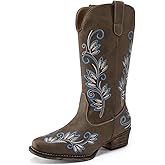 DREAM PAIRS Women's Cowboy Cowgirl Western Mid Calf Boots Square Toe Embroidered Stitched Pull On Country Boots with Low Chunky Heel
