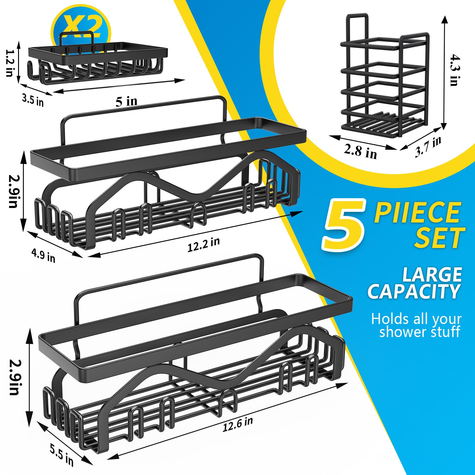 Coraje Shower Caddy, Shower Shelves [5-Pack], Adhesive Shower Organizer No Drilling, Large Capacity, Rustproof Bathroom Shower Organizer, Shower Shelf for Inside Shower (Black)