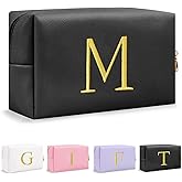 Personalized Gift Initial Makeup Bag,Preppy Gold Embroidered Letter Cosmetic Bag Stocking Stuffers for Teen Girls,Small Travel Toiletry Bag,Custom Christmas Birthday Gift for Women Mom Kids(Black-M)