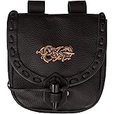 Mythrojan Genuine Leather Medieval Belt Pouch with Brass Eagle Emblem & Horn Toggle Waist Bag for Larp, Fantasy Events, Ren Faire, Halloween