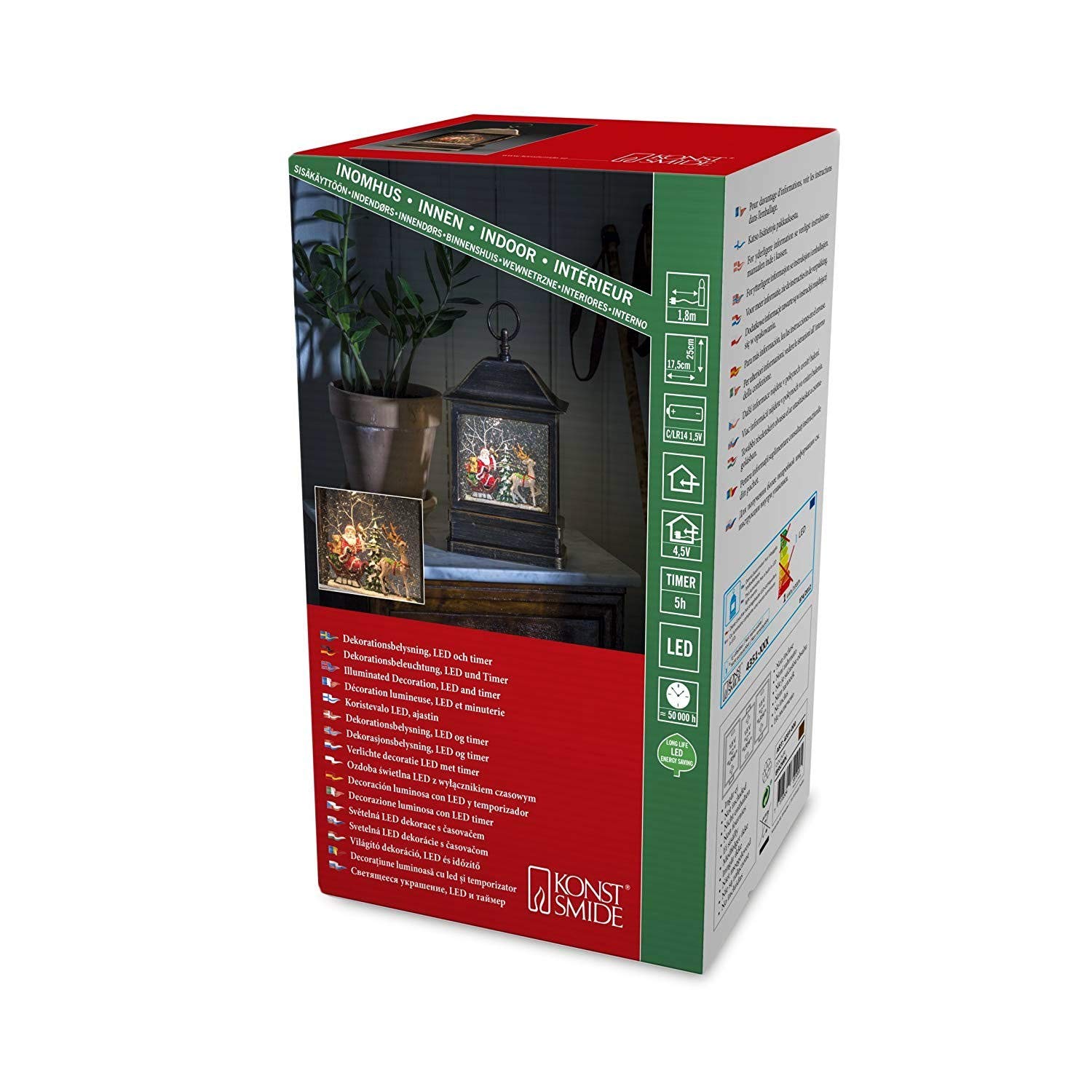 Konstsmide LED Snow Globe Lantern "Santa and Reindeer Scene"/Christmas Lantern Warm White Diode/Transformer or Battery 3xC 1.5V (excl.)/5 Hour Timer/Water Filled/Water Spinner