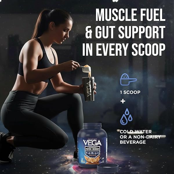 VEGA PROTEIN + RECOVERY, PEANUT BUTTER – 30G VEGAN PROTEIN, DAIRY & GLUTEN FREE, PROBIOTICS, NSF CERTIFIED, 67.2 OZ (45 SERVINGS)