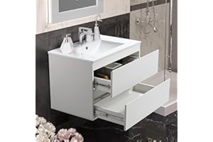 KSWIN 30" White Bathroom Vanity Wall Mounted Floating Vanity Two Drawers Storage Cabinet with Ceramic Integrated Sink