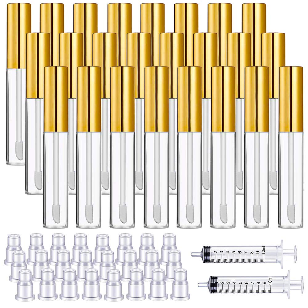 24Pcs 10ml Transparent Lip Gloss Tubes with Brush Tip Refillable Lip Glaze Container Lip Balm Bottle and 2Pcs 10ml Plastic Syringe for DIY Makeup (Gold) — image 1