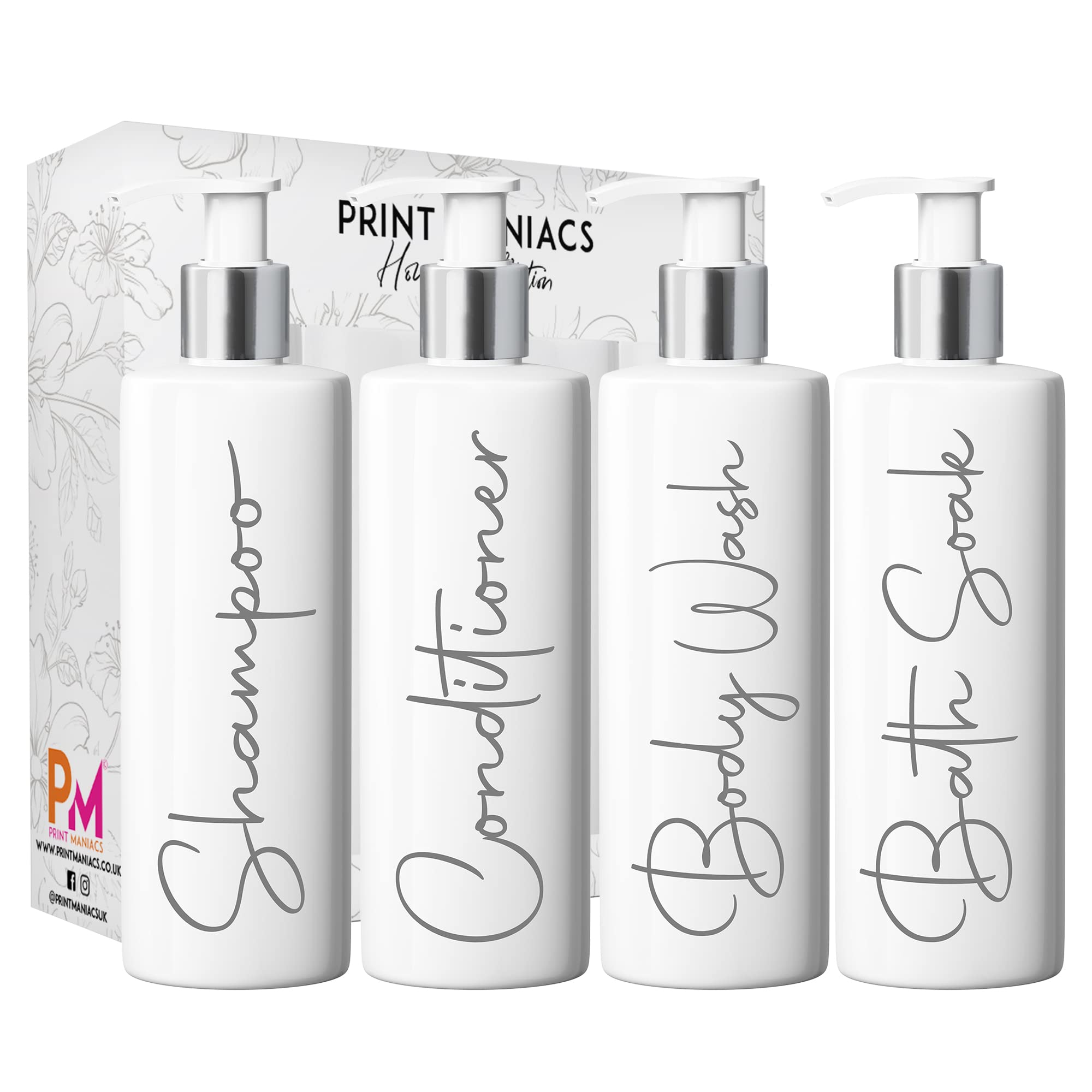Print Maniacs Mrs Hinch Inspired White Personalised Pump Bottles Bathroom Kitchen Set Shampoo Conditioner Body Wash Bath Soak (F2) (Grey)