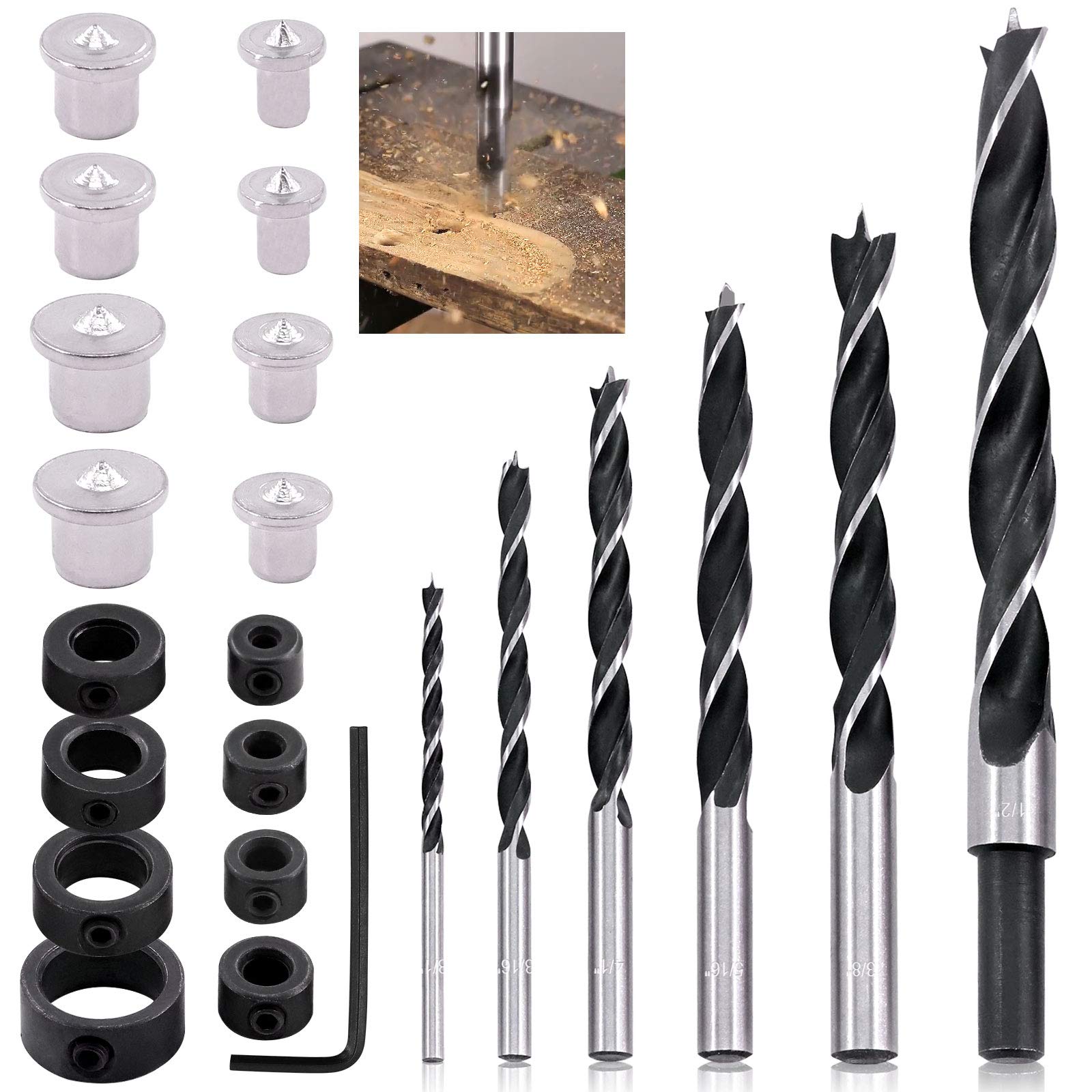 Keadic 23Pcs Dowel & Tenon Center & Drill Bits Set, Dowel Drill Center Points Pin + Drills Depth Stop + 1/8 3/16 1/4 5/16 3/8 1/2 inch Drills Bits for Precise Holes in Wood