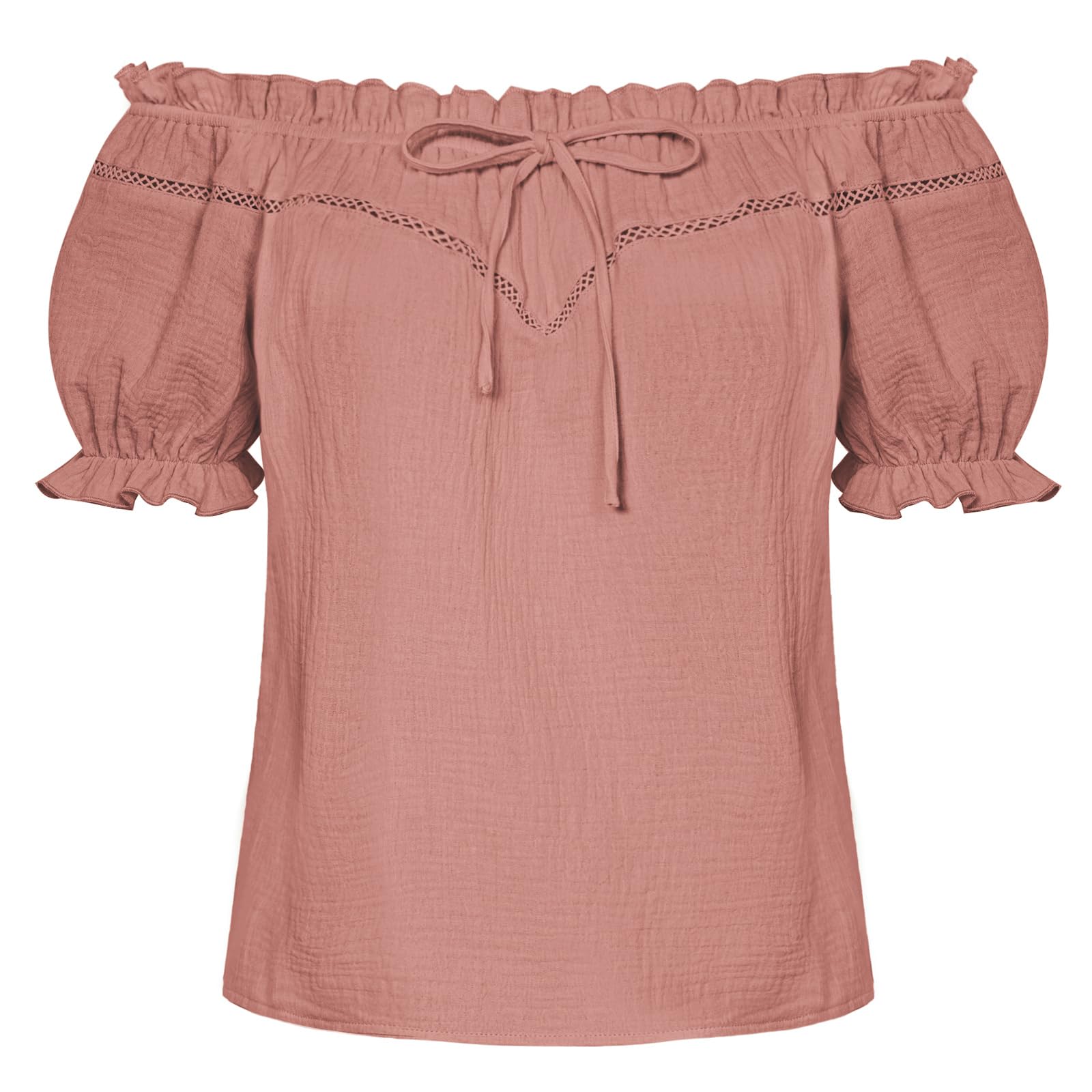 Peasant Blouse for Women Off Shoulder Puff Sleeve Cotton Loose Summer Tops Dusty Pink L Image
