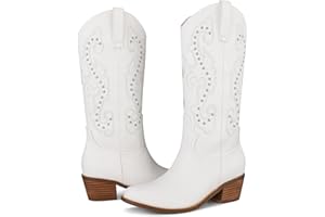 mikarka Cowboy Boots for Women Western Cowgirl Boots Embroidered Pointy Toe Sassy Chunky Heel Modern Ladies Mid Knee High Boots