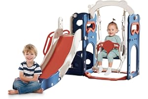 CuFun 6-in-1 Toddler Slide Playground Set with Swing, Kids Slide with Climber,Basketball Hoop, Telescope and Storage Space, Slide for Toddlers Outdoor & Indoor Playground