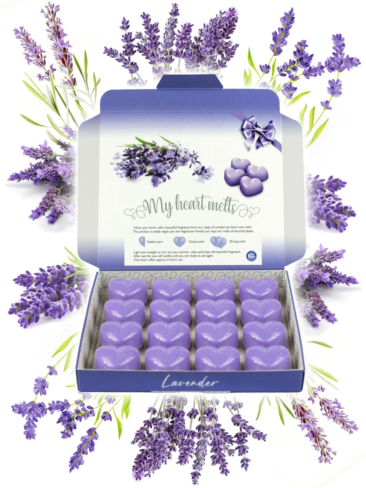 Lavender Wax Melts: 16 pcs x 5g Heart Shaped Wax Melts Scented with Lavender in a Presentation Gift Box, Vegan & Pet Friendly, Cruelty & Free, Candle Alternative