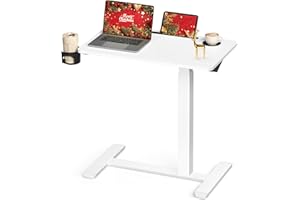 VASAGLE Overbed Table with Wheels, Mobile Standing Computer Desk, 27.6 x 15.7 Inches Tabletop, Adjustable Height, 2 Cup Holders, Phone and Tablet Slot, Cloud White ULSD600W01