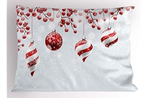 Ambesonne Christmas Pillow Sham, Traditional Design Holly Berry Branches Snow and Bokeh Effect Print, Decorative Standard Size Printed Pillowcase, 26" X 20", Red White