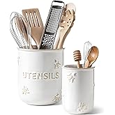 LE TAUCI Utensil Holder for Kitchen Counter - 6.9"+5.3" Ceramic Kitchen Utensil Holder Set of 2, Large Cooking Utensil Crock & Organizer for Spatula, Spoon - Embossed Kitchen Decor, White,Bee