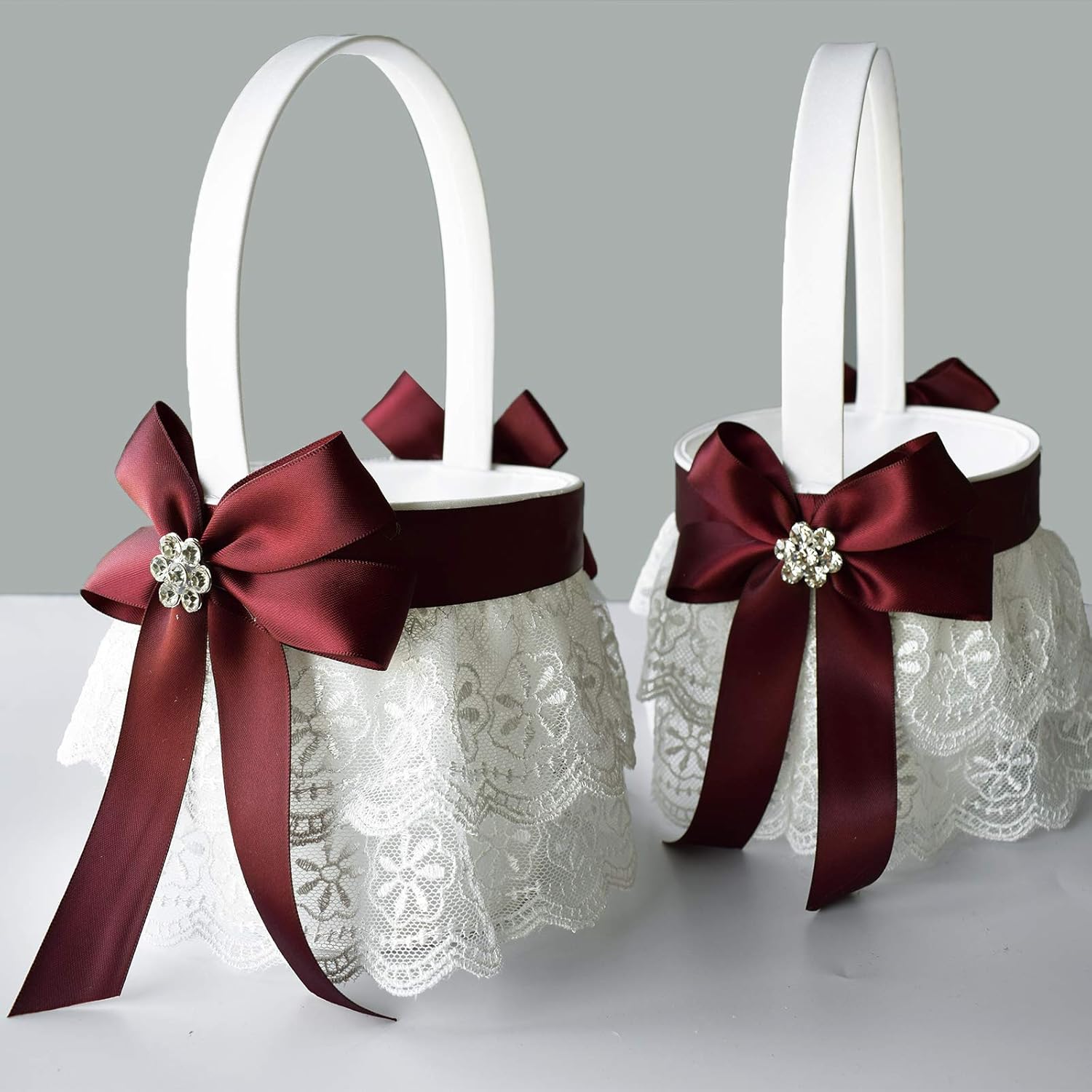 ATAILOVE Flower Girl Baskets for Wedding - Double Lace Accented Royal Design (Dark Red)