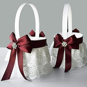 ATAILOVE Flower Girl Baskets for Wedding - Double Lace Accented Royal Design (Dark Red)