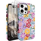 J.west Compatible with iPhone 13 Pro Max Case 6.7 inch with 2 Pack Tempered Glass Screen Protectors Cute Floral Flowers Hybrid Cover for Girls Women Aesthetic Protective Phone Cases Pink Spring