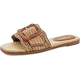 Rihero Women's Raffia Flat Sandals Square Open Toe Summer Beach Slip On Woven Buckle Slide Sandals