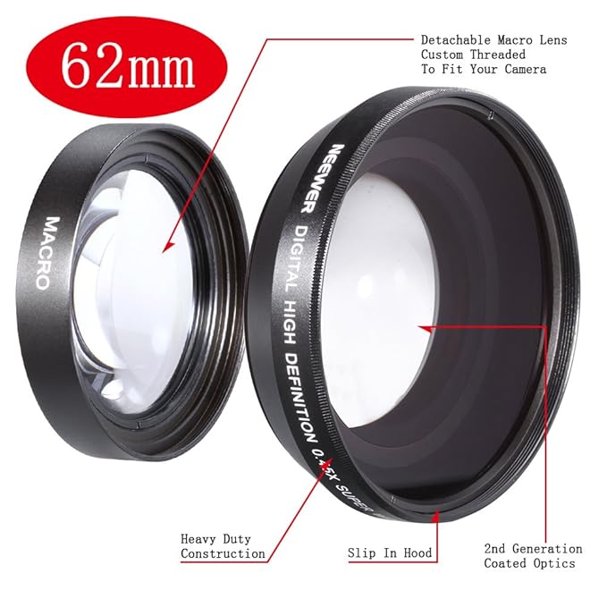 Neewer® Objectif Grand Angle Macro 62mm 0.45x pour Objectifs 1855mm, 55200mm, 50mm Nikon Canon