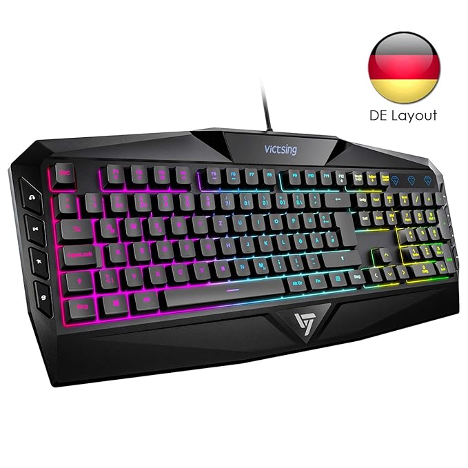 VicTsing Gaming Tastatur beleuchtet, Regenbogen Beleuchtete USB Tastatur, 105 Tasten QWERTZ Layout, 8 Multimedia-Tasten Anti-
