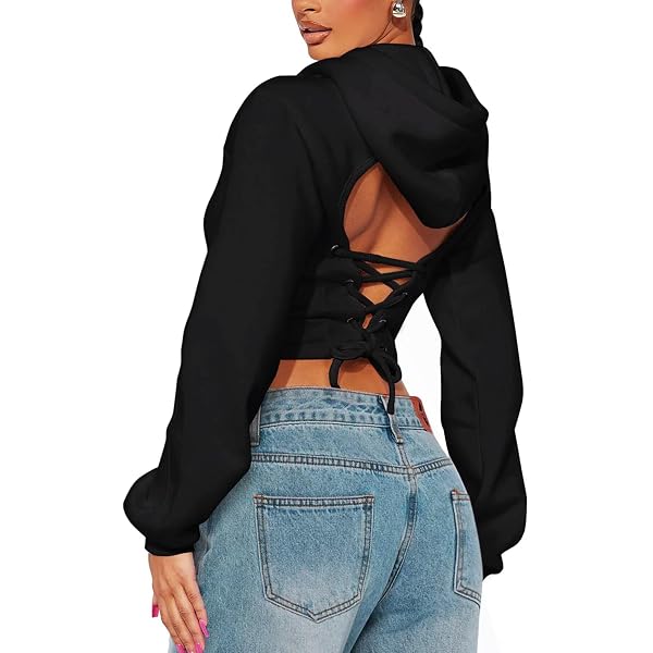 Perbai Womens Cutout Super Crop Hoodie Backless Long Sleeve Gothic