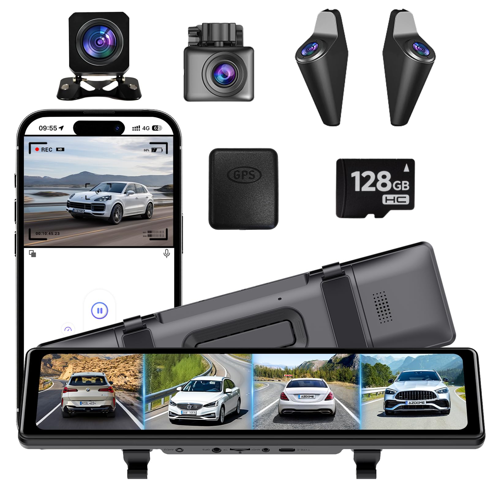 Photo 1 of 4 Camera System,10" AHD Mirror Rear View Dash Cam, Touch Screen Dash Cam with 128GB Card/Reverse line/WiFi/APP/1080P Night Vision for Car,Pickup,Truck,RV,Bus,SUV,MPV