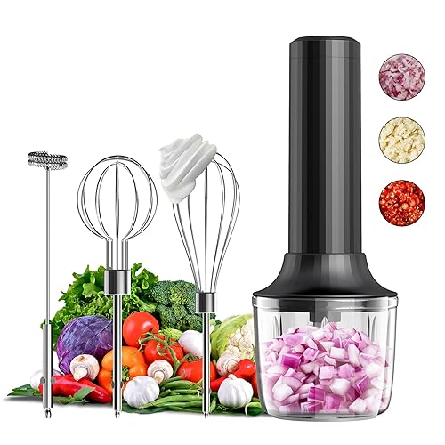 Electric Hand Mixer with MixgoII, Handheld Mixer Electric Whisk, Rechargeable Cordless Handheld Mixer & Milk Frother, Small Food Chopper for Dicing, Mincing, and Puree, 4-Speed, 10Oz