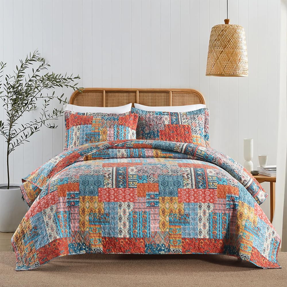 Photo 1 of ENASAL Cotton Bedspread Quilt Bedding Sets Reversible Coverlet Comforters Vintage Bohemian Patchwork Pattern Bedspread for All Season, Queen Size
