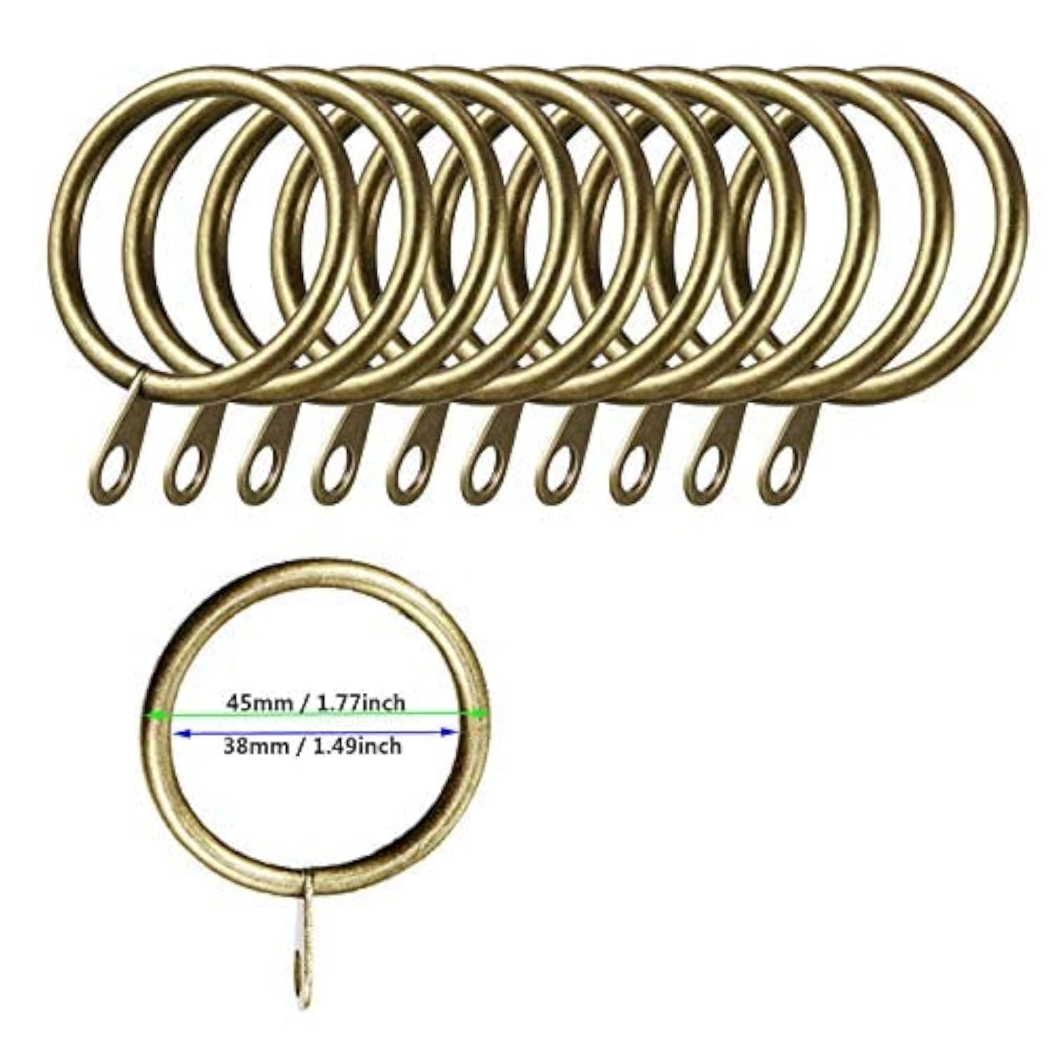 iPEAK 50 Pack Metal Curtain Rings Hanging Hooks For Curtains and Rods, 38mm Internal Diameter (Brass)