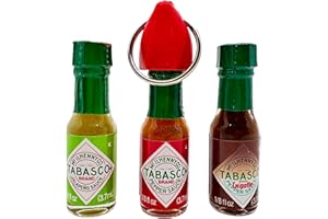NOMAD ENTERPRISES Hot Sauce Keychain with Red Keychain + Mini Tabasco Sauce, Jalapeño & Chipotle Bottles