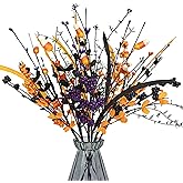 MG MagicGarden 6 Pack Artificial Halloween Floral Picks Purple Orange Black Berry Stems Halloween Tree Branches with Candy for Halloween Party Flower Arrangement Centerpieces