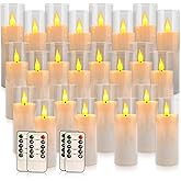 CAKETYCG 24 Pcs Acrylic LED Flameless Candles with 4 Remote,White,Flickering, Clear, Suitable for Wedding, Party, Home Decoration & Outdoor.