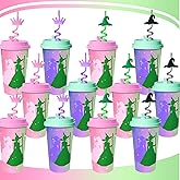 AFZMON Pack of 24 Witch Party Favors Cups with Straws Bulk, 16OZ Pink and Green Plastic Cups, Change for Good Birthday Party Decorations Goodie Bags Stuffers Supplies Gifts for Kids
