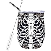 Whaline Halloween Stainless Steel Wine Tumbler with Straw and Lid Skull Spider Web Coffee Mug Black White Insulated Tumbler for Hot and Cold Drinks