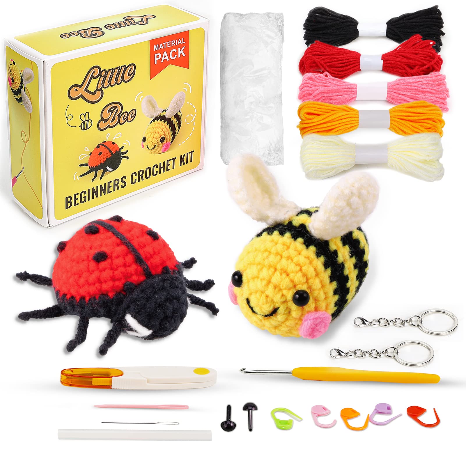 PP OPOUNT Beginner Crochet Kit - Cute Bee & Ladybug, Complete Crochet Kit for Beginners, Starter Pack for Adults and Kids, Includes Step-by-Step Instruction and Video Tutorials