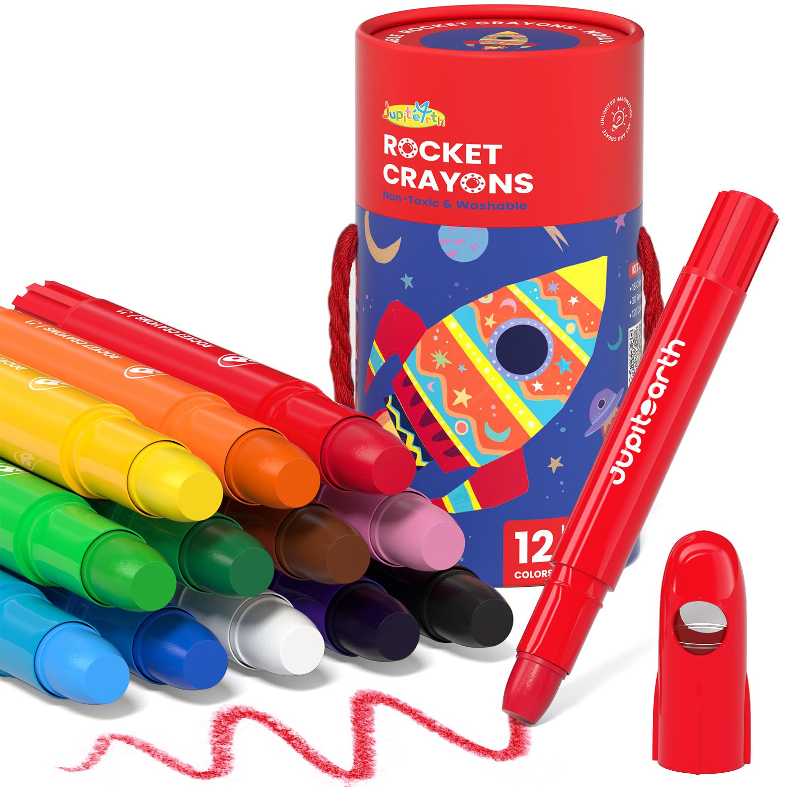 JUPITEARTH 12 Colours Twistable Rocket Crayons for Toddlers Aged 1–3,Non-Toxic Washable Crayons for Children 4–8 with Storage Tub–Smooth,Easy-Grip Art Supplies,Perfect Colouring Gift for Boys&Girls