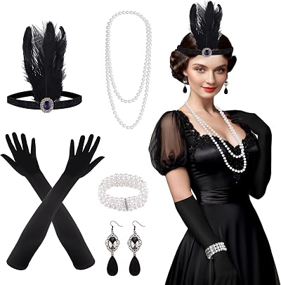 FEPITO 8-Piece 1920s Flapper Accessories Set Headband Gloves Necklace Earrings
