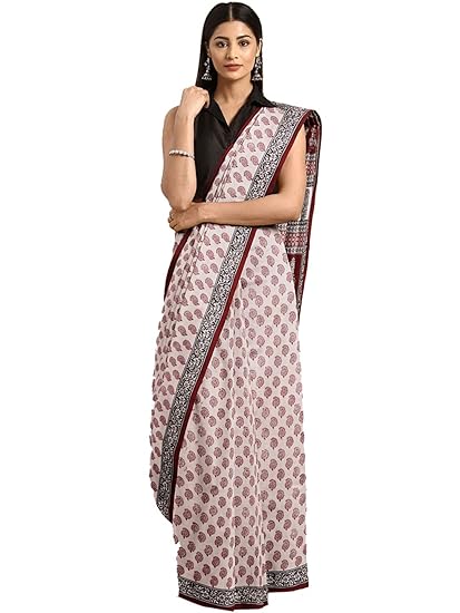 Pure Cotton Off White & Maroon Handblock printed Saree and Blouse MRBASA0004