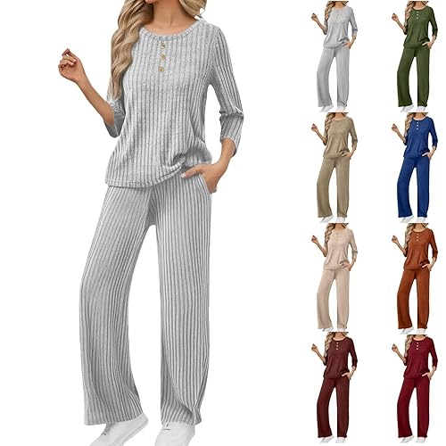 Womens Pyjamas Set Striped 2 Piece Louge Wear Sets Crewneck Long Sleeve Tops and Wide Leg Bottoms with Pockets Casual Comfortable Sleepwear