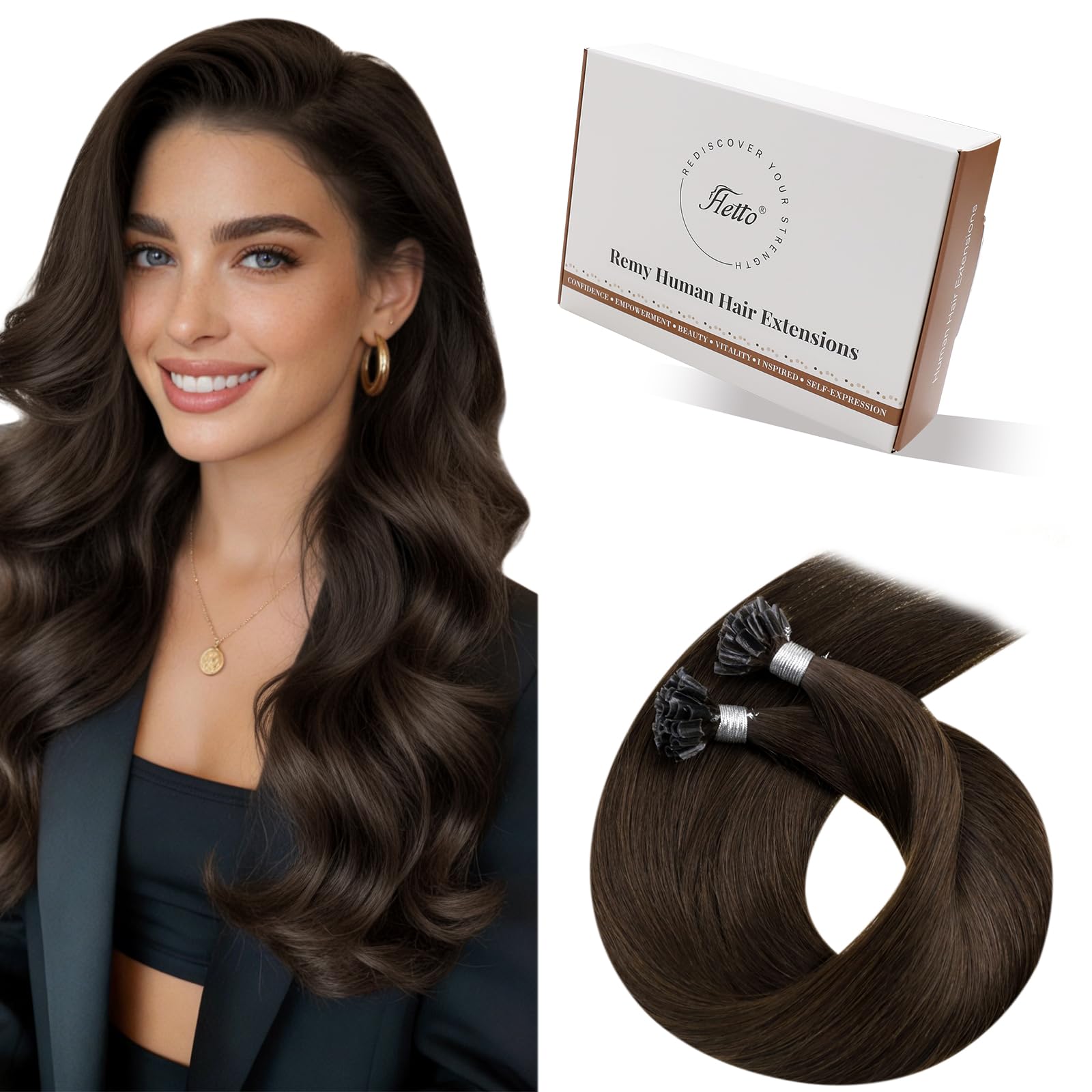 Hetto U Tip Hair Extensions Real Human Hair Brown 16 Inch K Tip Remy Hair Extension Hot Fusion Natural Seamless Keratin Prebonded Extensions for Volume 50strands 50g #4 — image 1