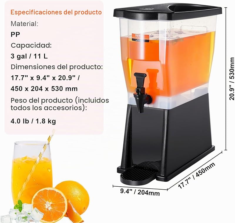 Dispensador de bebidas de 11 litros para festas, dispensador de sumo de plástico com tampa de suporte, dispensador de água para chá gelado e sumo de limonada, para restaurantes, 450 x 204 x 530 mm