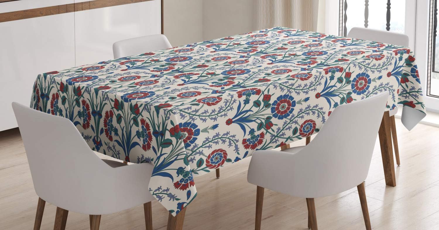 ABAKUHAUS Moroccan Tablecloth, Old Floral Ornament Pattern with Swirled Florets and Leaf Turkish Artwork, ining Room Kitchen Rectangular Table Cover, 54 W X 94 L, Maroon Teal