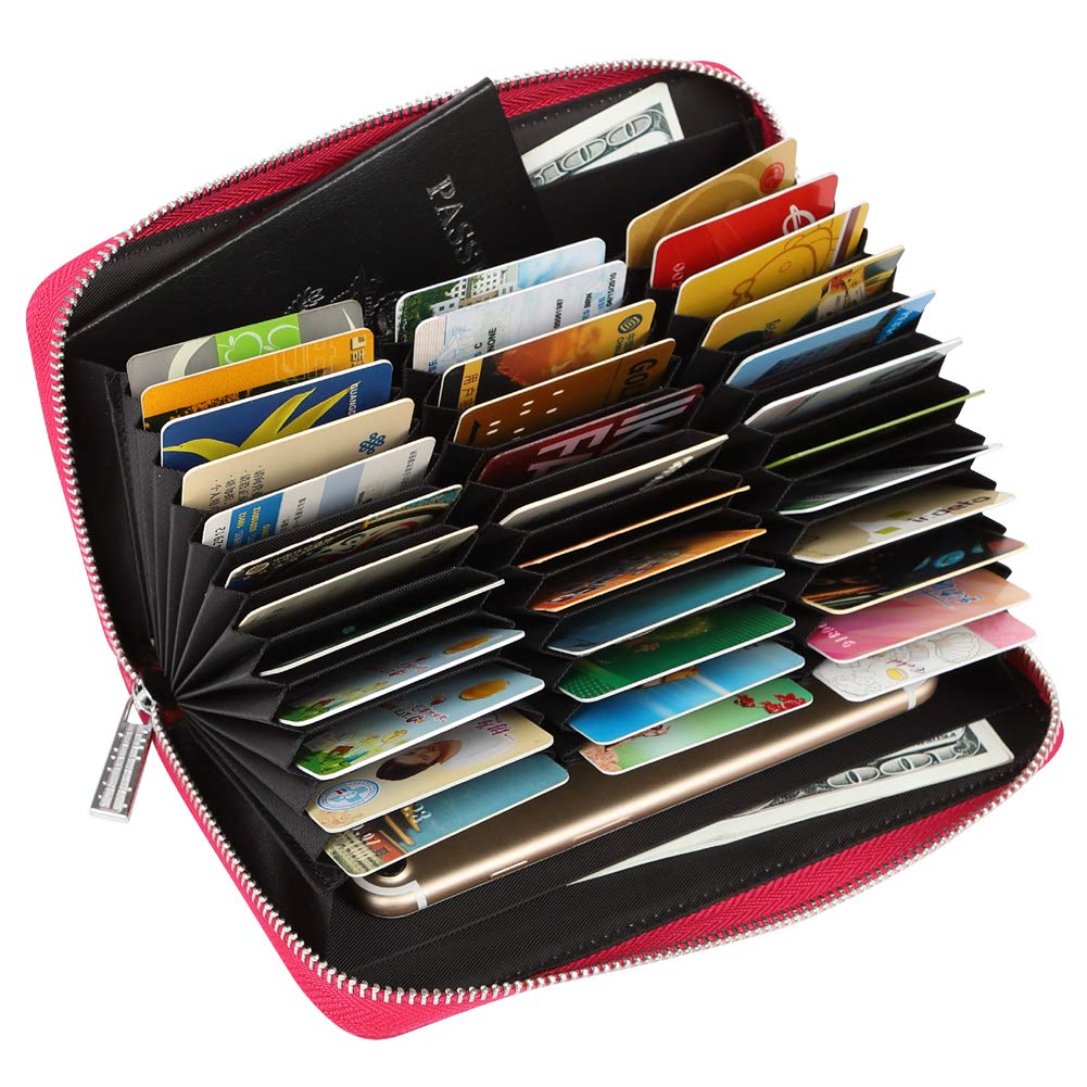 Cynure Women 36 Slots RFID Blocking Card Holder Large Long Leather Zipper Checkbook Accordion Wallet,Rose