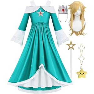 Girls Galaxy Princess Costume Kids Teal Maxi Dress with Accessories Set | Toddler Halloween Costumes, Bell Sleeve Dress, Wig,