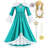 Girls Galaxy Princess Costume Kids Teal Maxi Dress with Accessories Set | Toddler Halloween Costumes, Bell Sleeve Dress, Wig, Crown Headband, Star Wand, Earrings, Plush Star, Brooch, Birthday Party