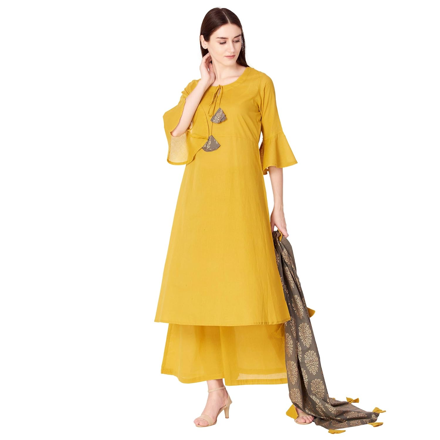 ortange readymade women's cotton kurta, palazzo with printed dupatta set