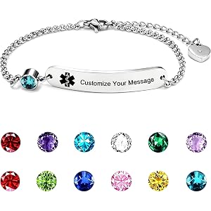 YOTHIWAD Personalized Medical ID Bracelet with Birthstone Emergency First Aid Health Alert Stainless Steel Adjustable Chain B