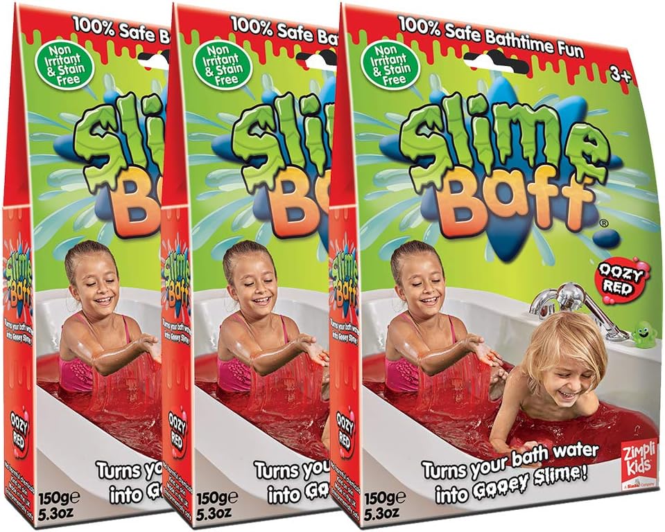 ZIMPLI, 3 x Slime Baff Bundle, Glitter Purple, Green & Red, Magically turns water into thick, colourful slime
