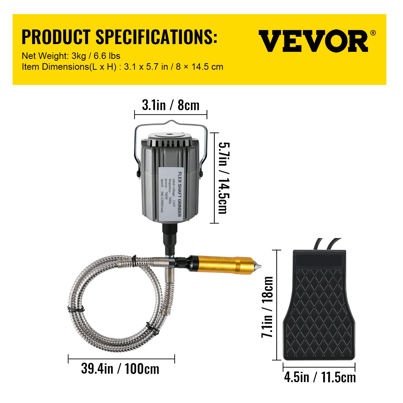 VEVOR Flex Shaft Grinder 780W Rotary Tool 500-23000RPM Rotary Carver with 1/4