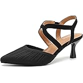 Eugisy Women's Closed Toe Low Kitten Heel Knit Pumps Elastic Ankle Strap Pointed Toe Slingback Comfortable Dress Wedding Party Shoes